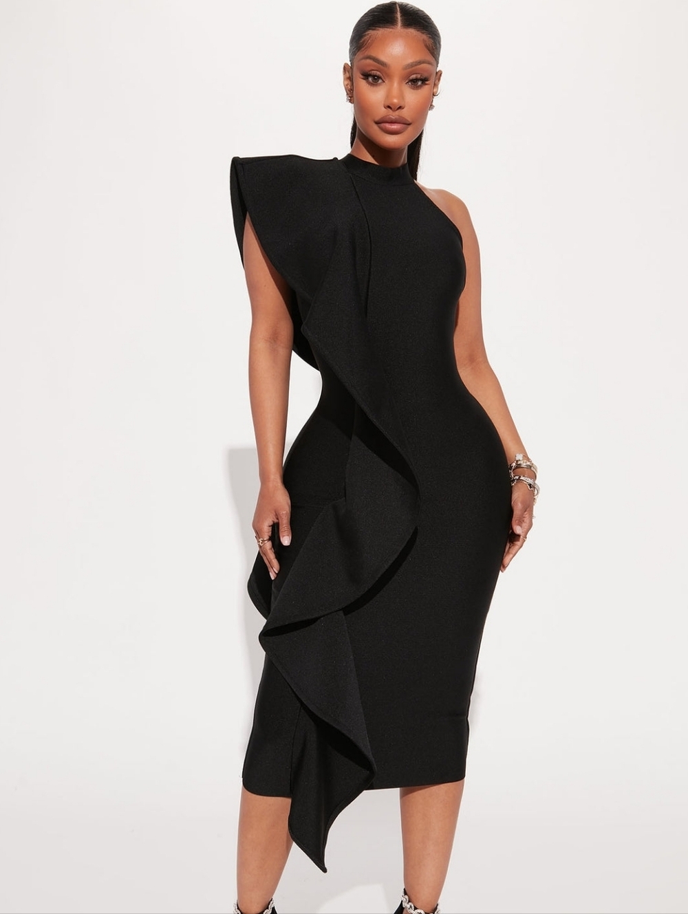 Fashion Nova Black One-Shoulder Ruffle Sheath Dress